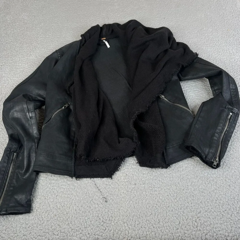 FREE PEOPLE Denim Jacket Women 4 Black Open Knit Front Zip Pocket Cuf Biker Moto - Picture 1 of 12